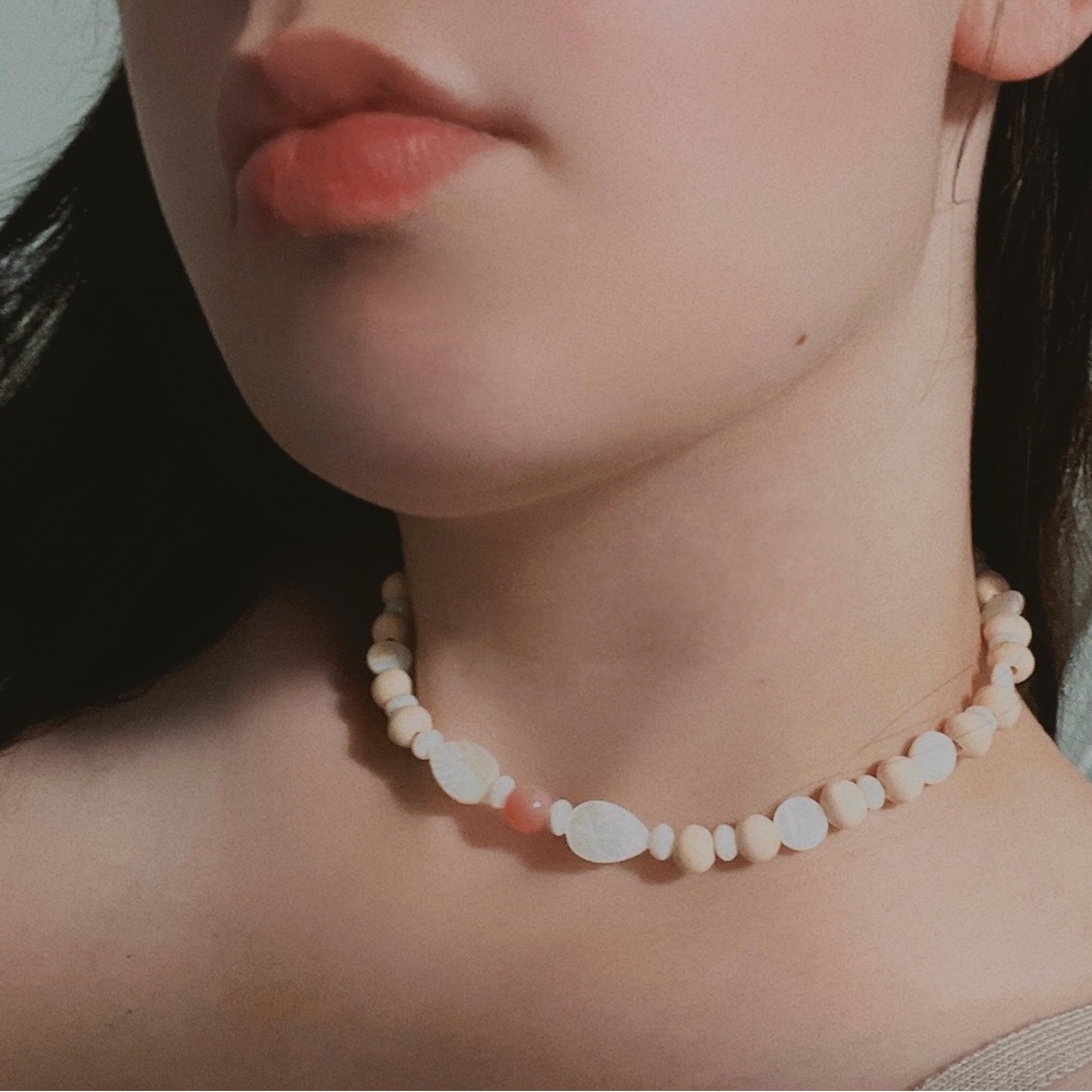 Necklace: Shell, Pink Jade, & Wood